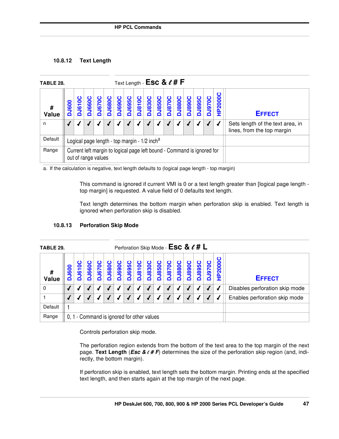 HP 700, 800 manual Sets length of the text area, Lines, from the top margin, Disables perforation skip mode 