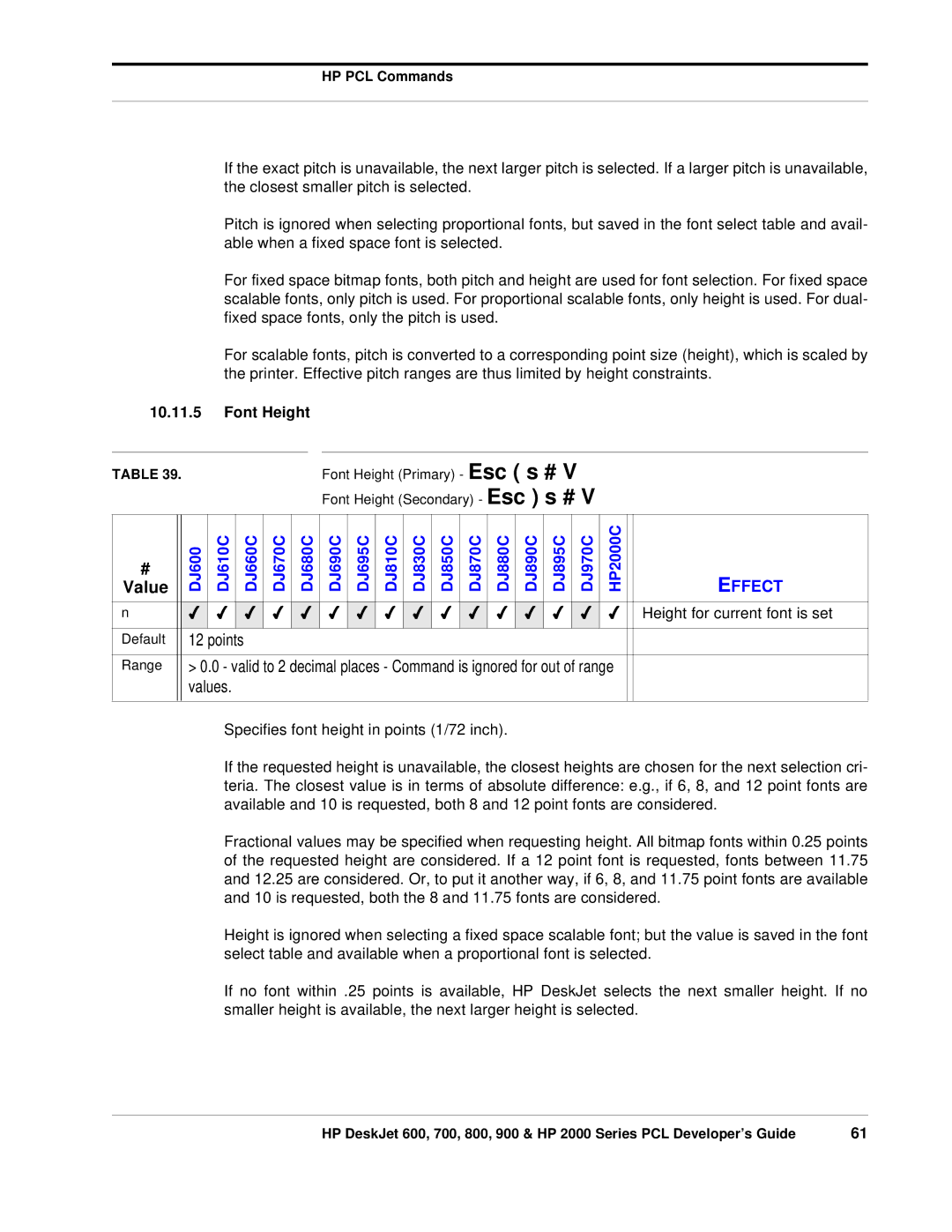 HP 700, 800 manual Font Height, Height for current font is set 