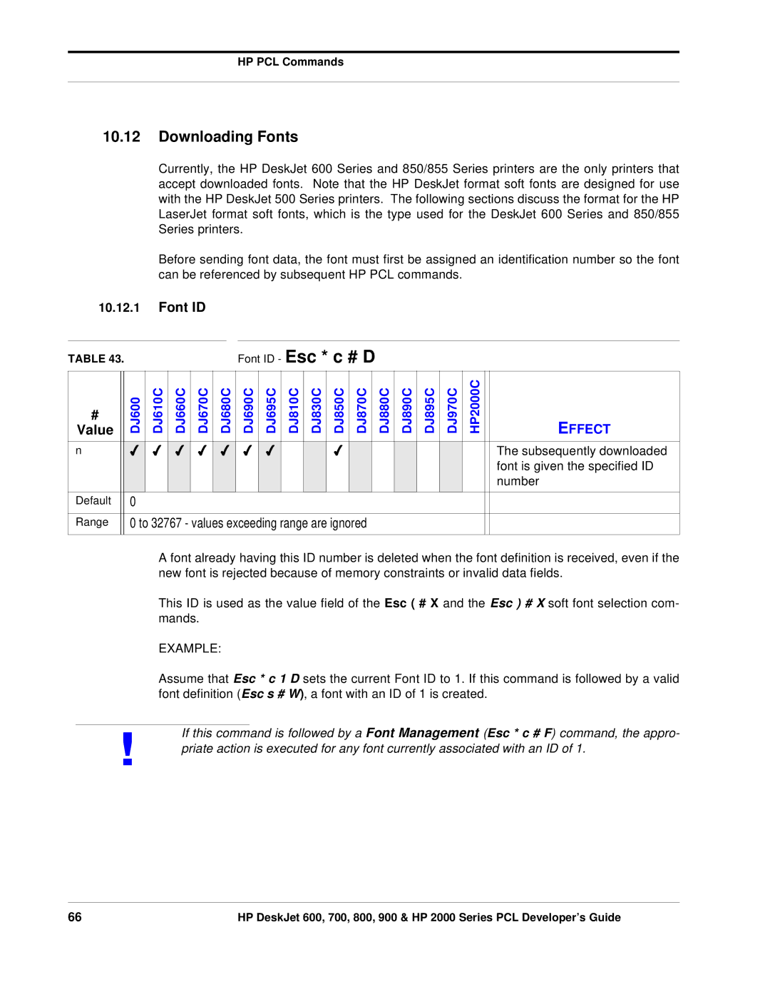 HP 800, 700 manual Font ID Esc * c # D, Downloading Fonts 