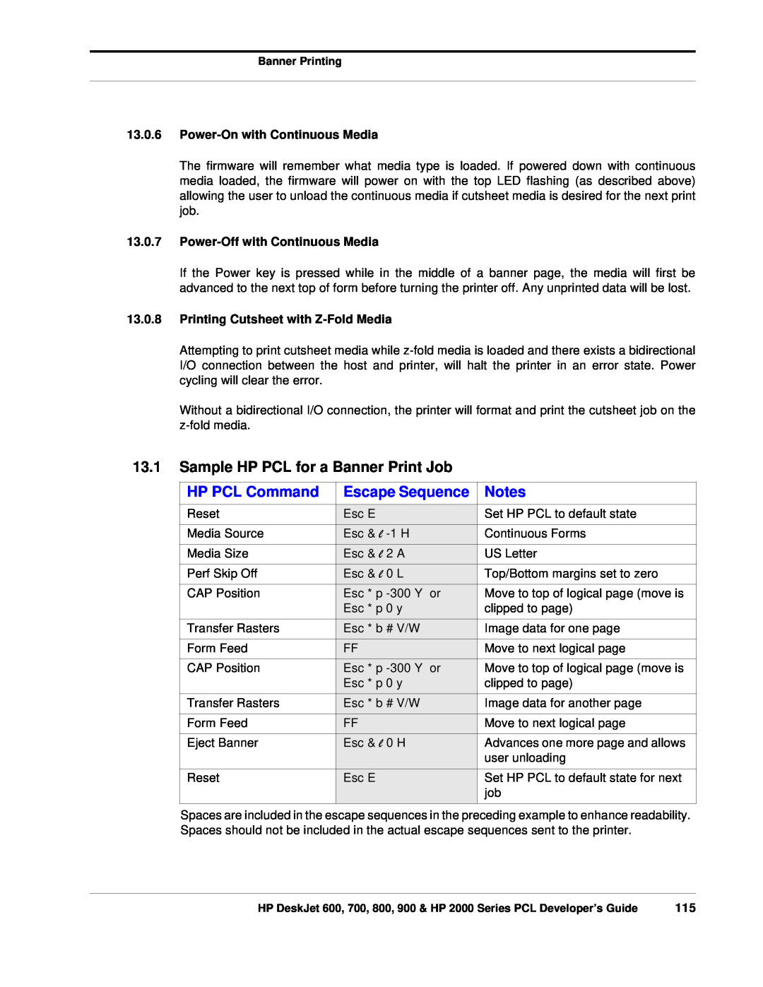 HP 700, 800 manual Sample HP PCL for a Banner Print Job, HP PCL Command, Escape Sequence, Power-On with Continuous Media 