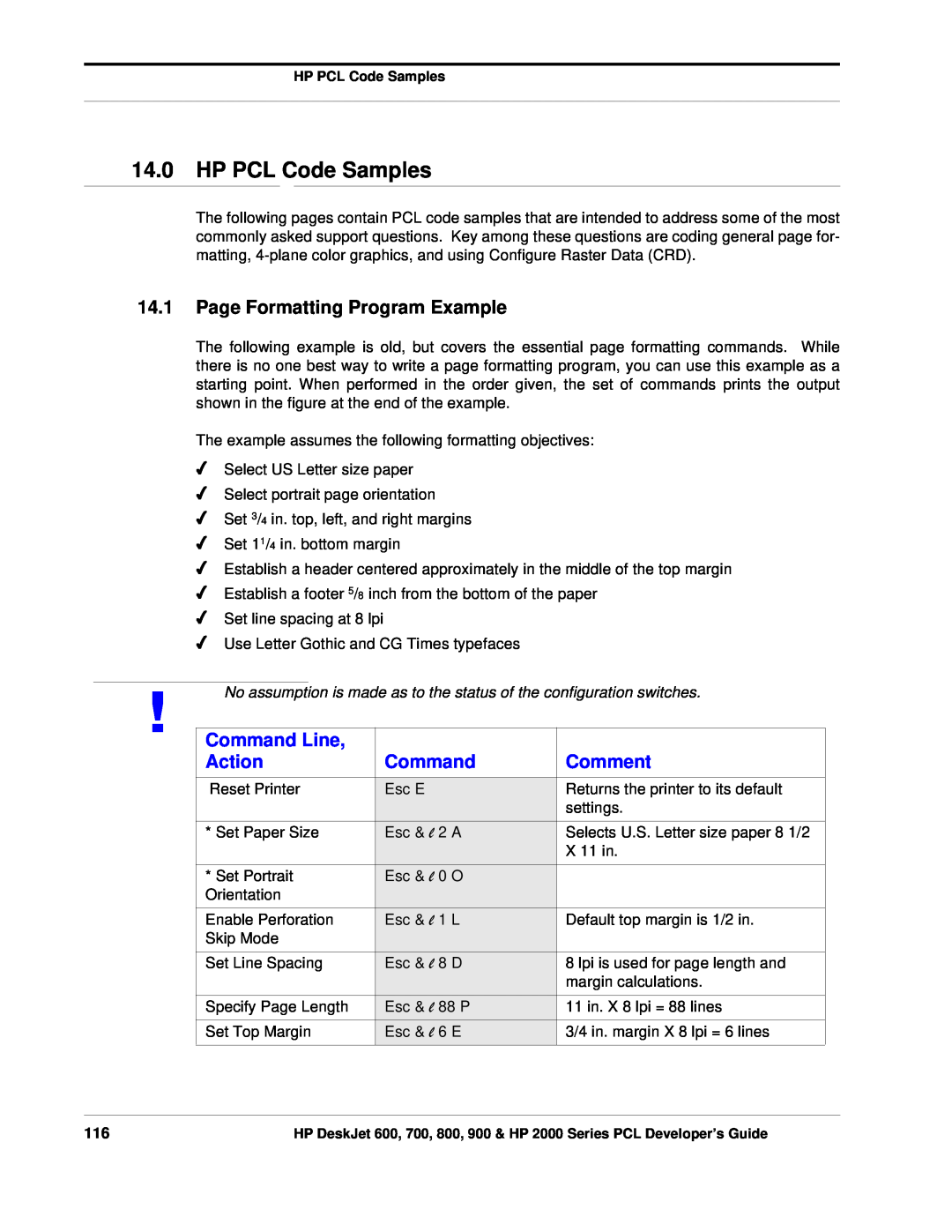 HP 800, 700 manual HP PCL Code Samples, Page Formatting Program Example, Command Line, Action, Comment 