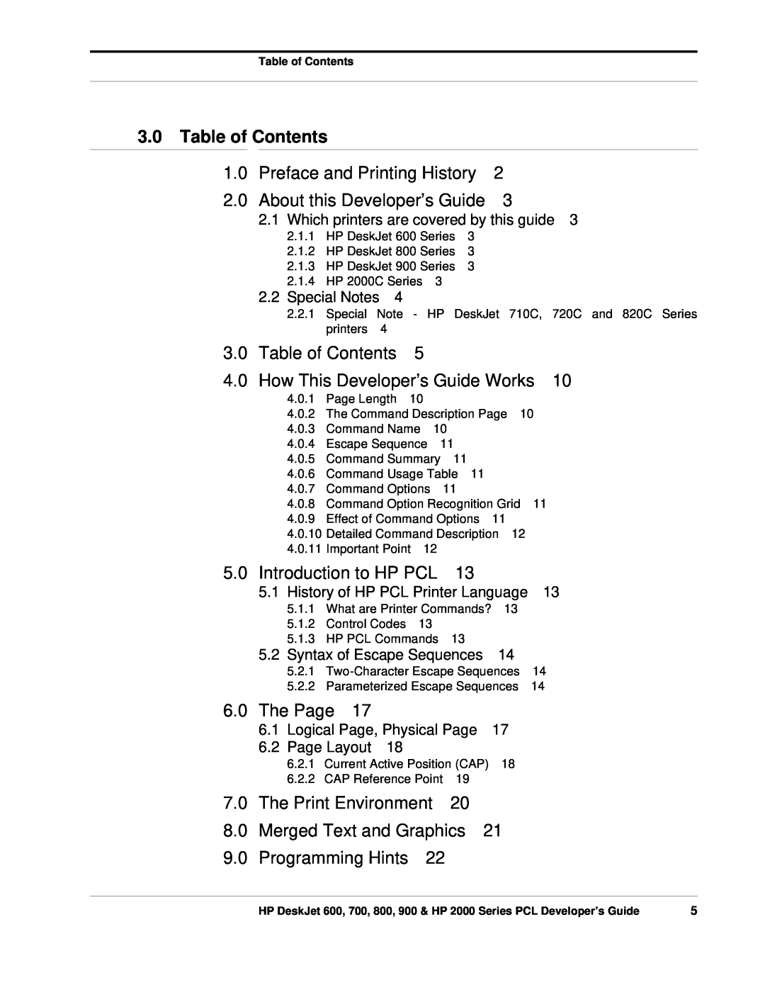 HP 700 Table of Contents, Preface and Printing History, How This Developer’s Guide Works, Introduction to HP PCL, The Page 