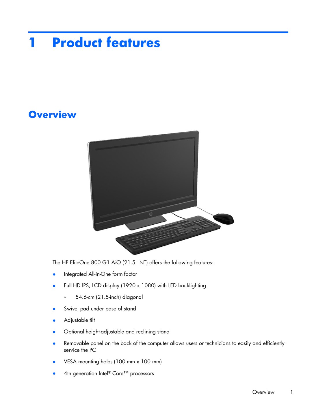 HP 800 G1 21.5 Non-Touch manual Product features, Overview 