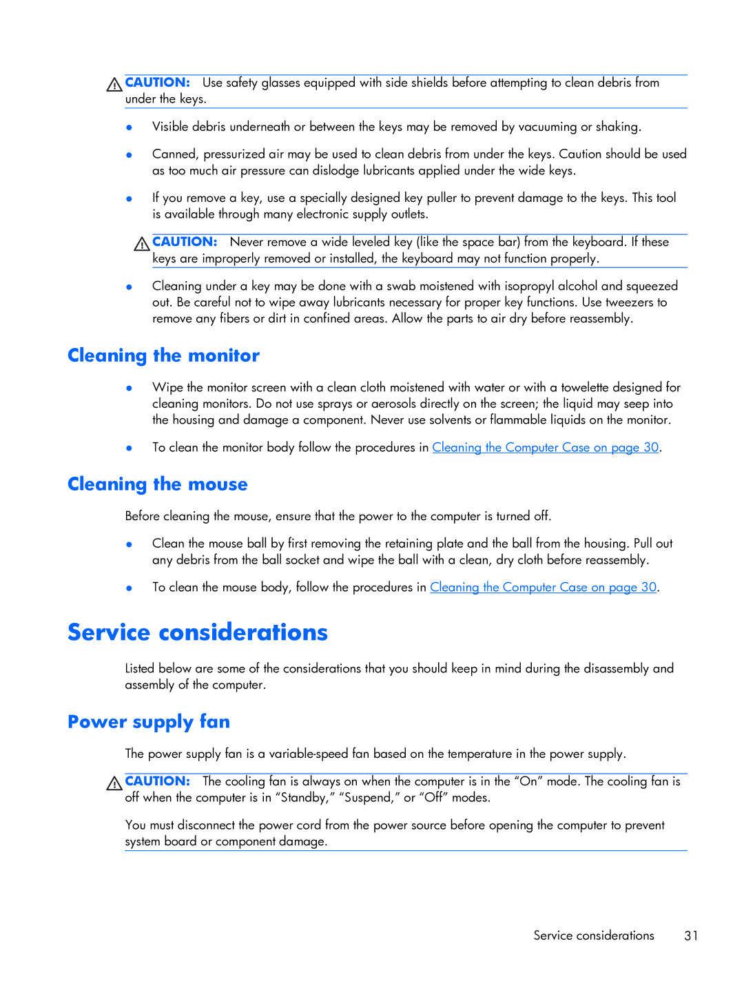 HP 800 G1 21.5 Non-Touch manual Service considerations, Cleaning the monitor, Cleaning the mouse, Power supply fan 