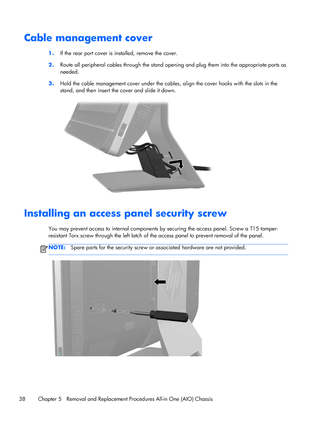 HP 800 G1 21.5 Non-Touch manual Cable management cover, Installing an access panel security screw 