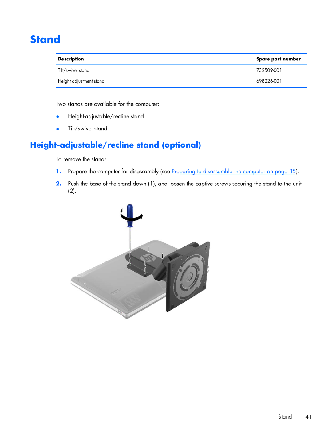 HP 800 G1 21.5 Non-Touch manual Stand, Height-adjustable/recline stand optional, To remove the stand 