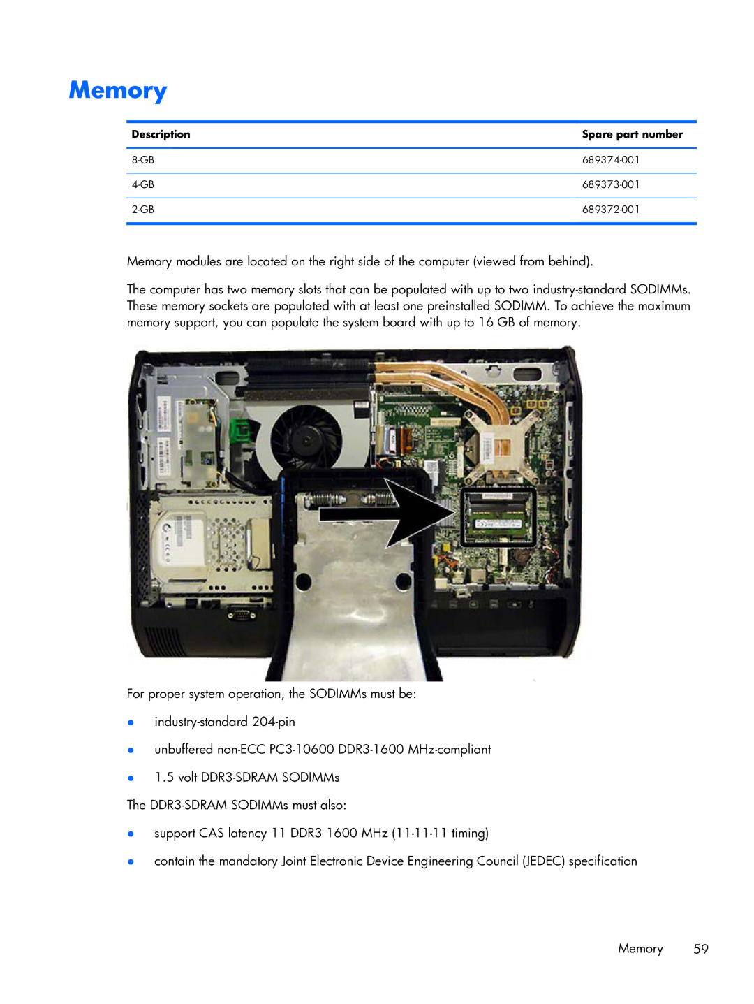 HP 800 G1 21.5 Non-Touch manual Memory, Description Spare part number 