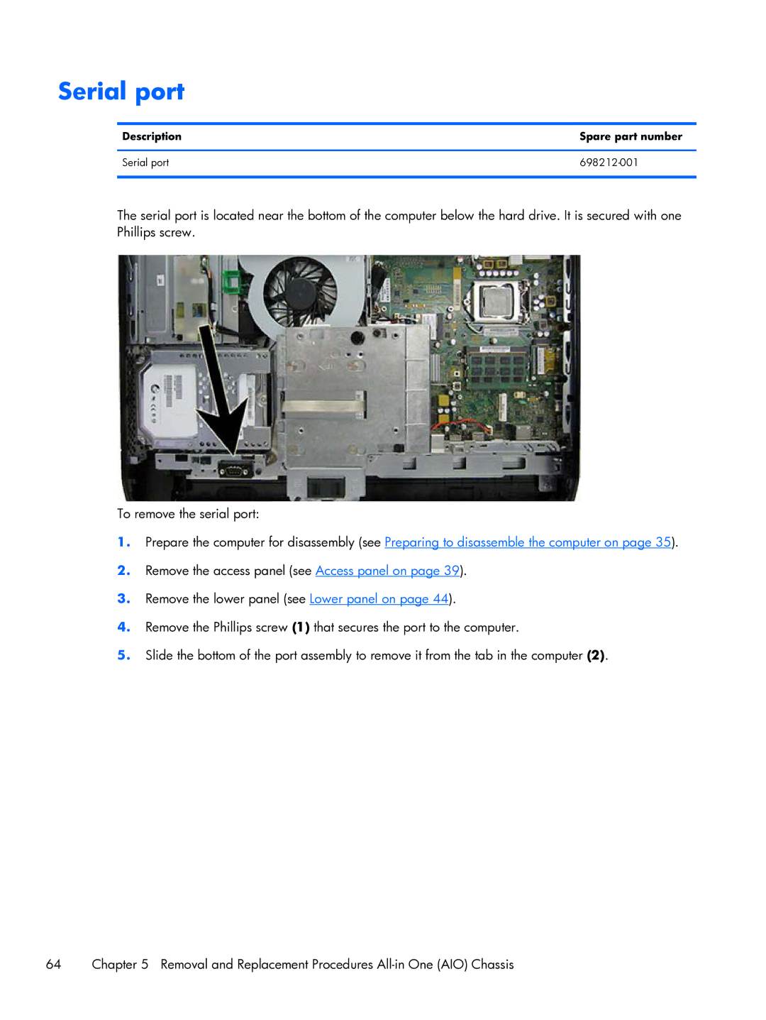 HP 800 G1 21.5 Non-Touch manual Description Spare part number Serial port 698212-001 