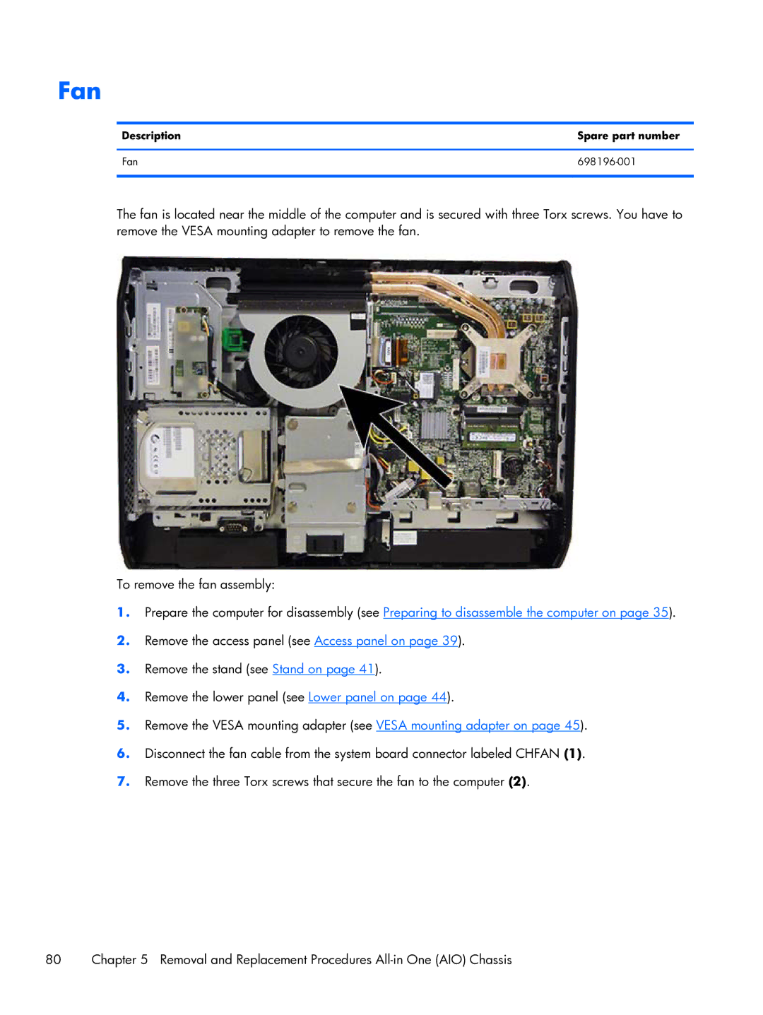 HP 800 G1 21.5 Non-Touch manual Description Spare part number Fan 698196-001 