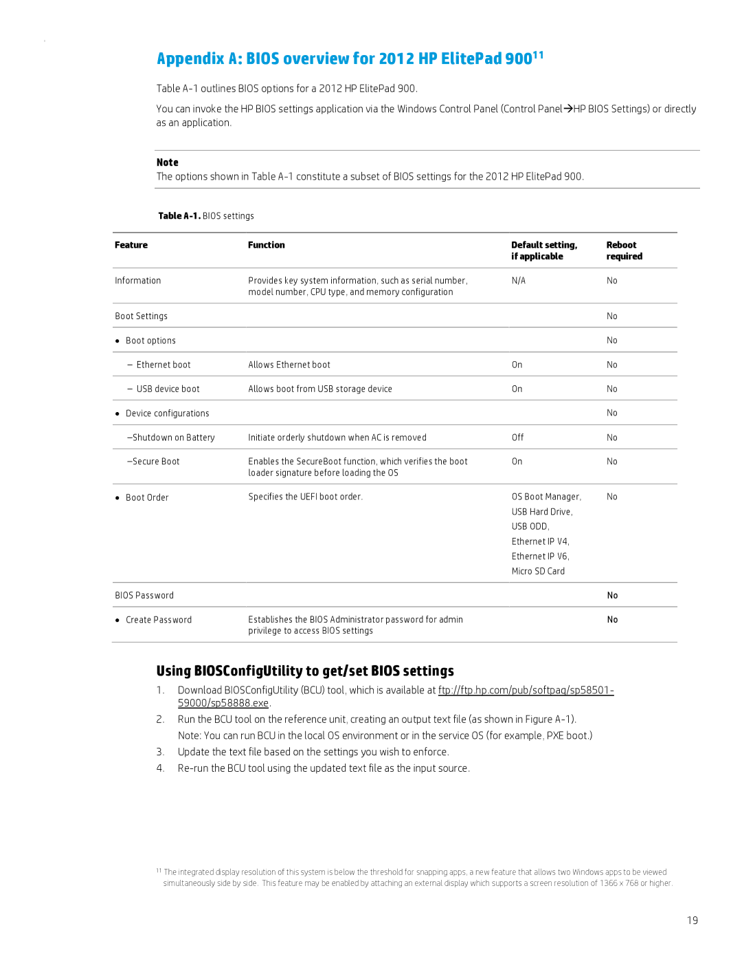 HP 800 G1 manual Appendix a Bios overview for 2012 HP ElitePad, Using BIOSConfigUtility to get/set Bios settings, Usb Odd 