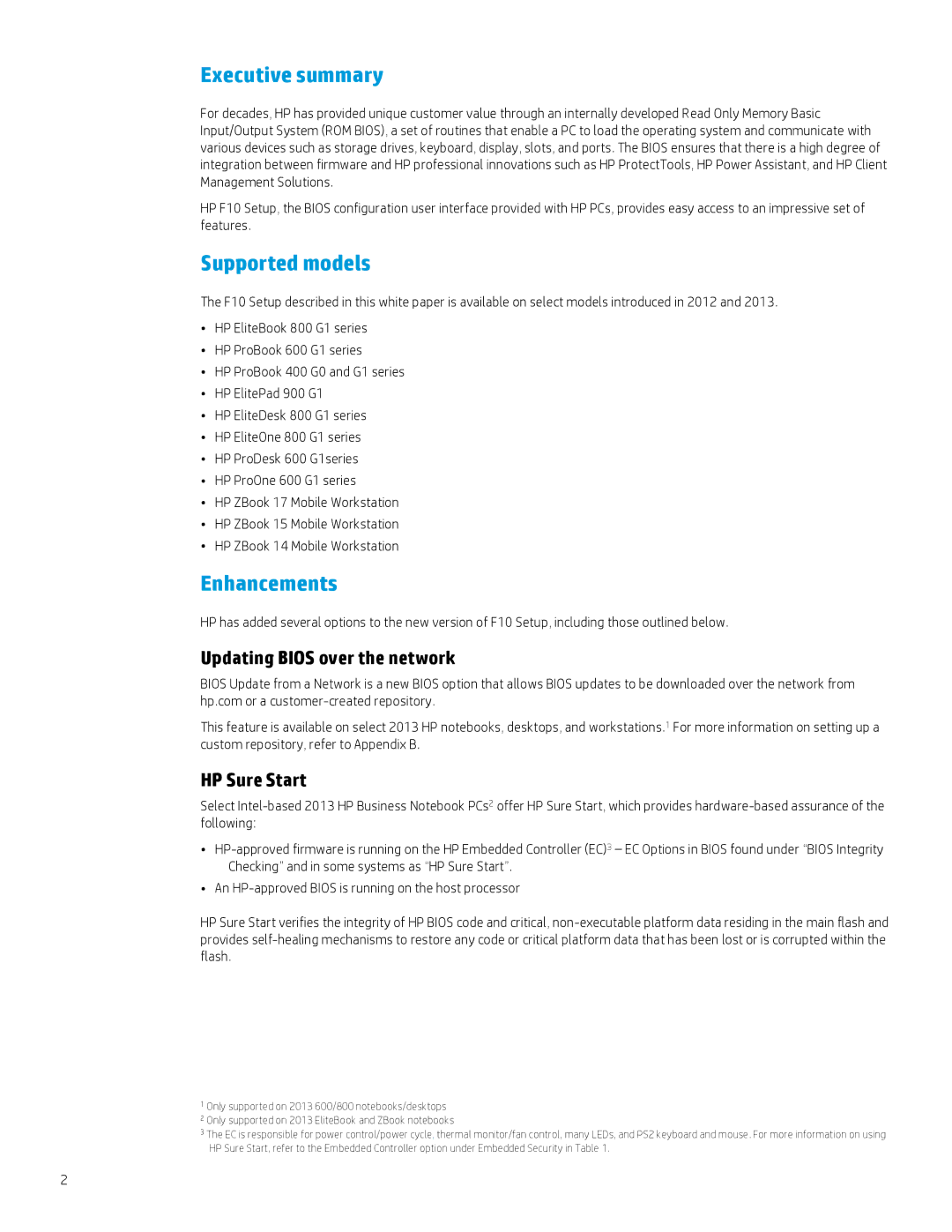 HP 800 G1 manual Executive summary, Supported models, Enhancements, Updating Bios over the network, HP Sure Start 