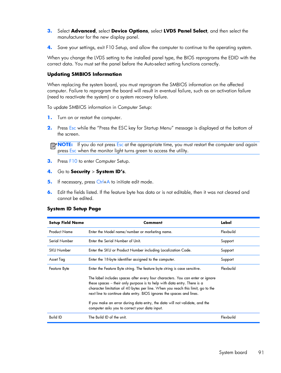 HP 800 G1 manual Updating Smbios Information, Setup Field Name Comment Label 