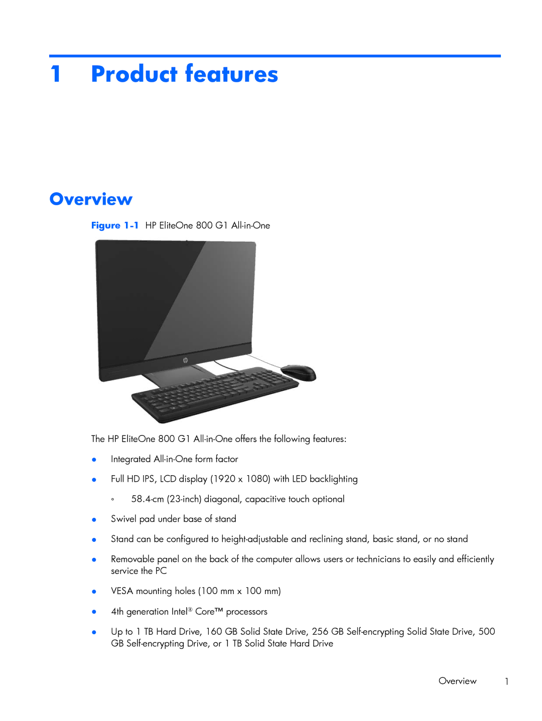 HP 800 G1 manual Product features, Overview 