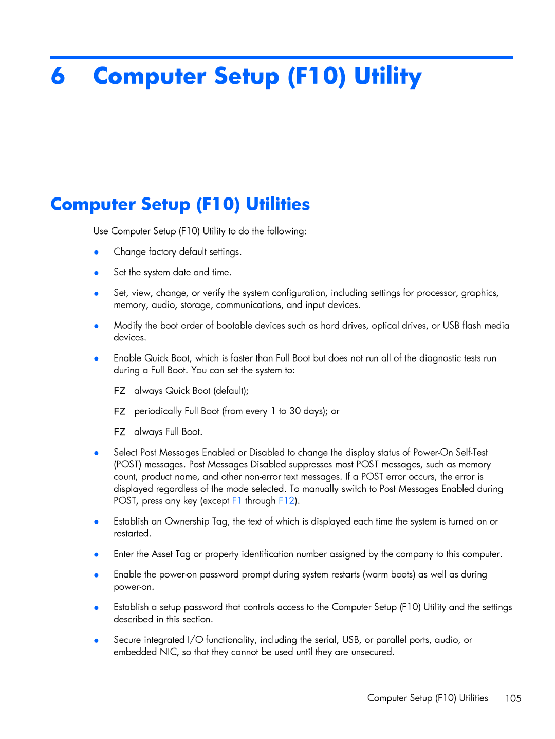 HP 800 G1 manual Computer Setup F10 Utility, Computer Setup F10 Utilities 