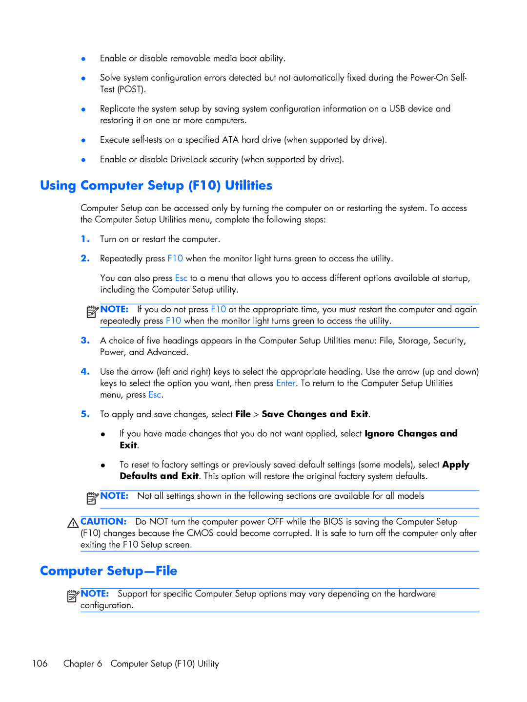 HP 800 G1 manual Using Computer Setup F10 Utilities, Computer Setup-File, Computer Setup F10 Utility 