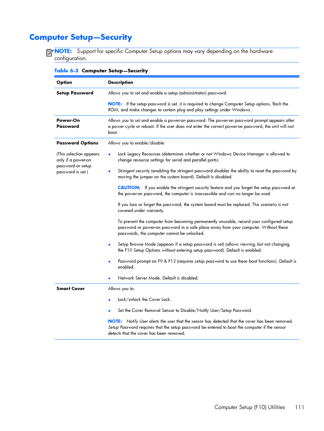 HP 800 G1 manual Computer Setup-Security 