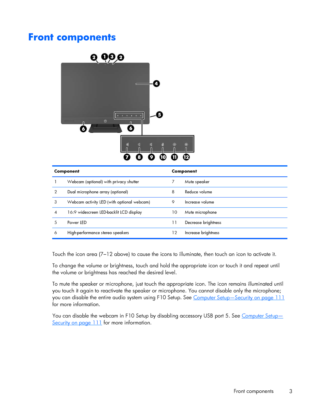 HP 800 G1 manual Front components, Component 