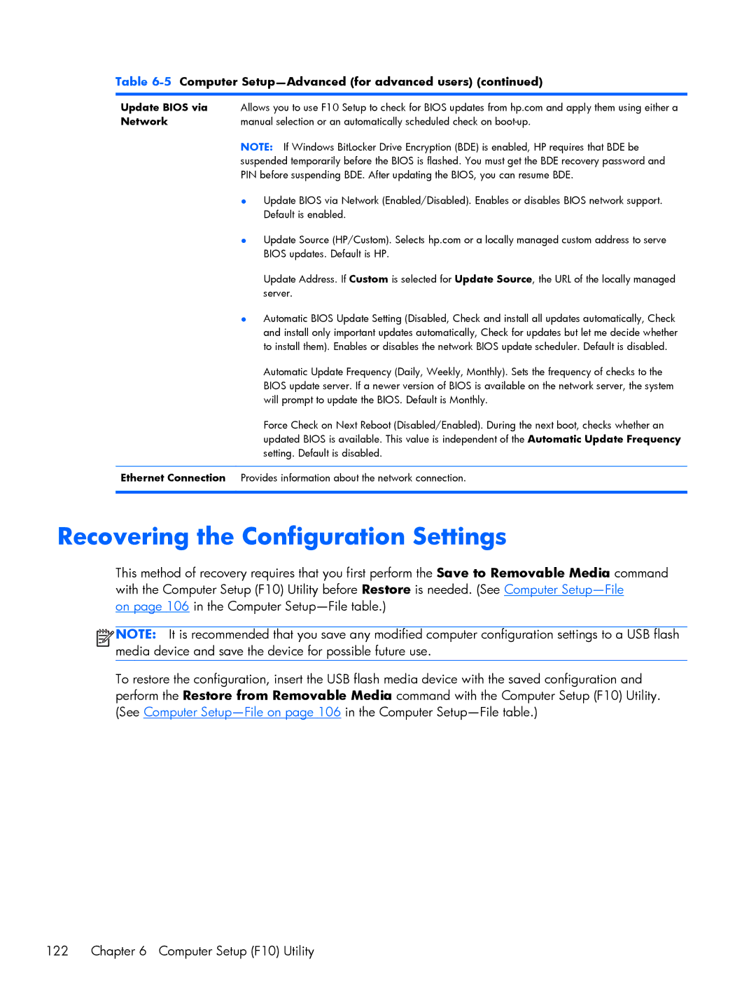 HP 800 G1 manual Recovering the Configuration Settings, Update Bios via Network 