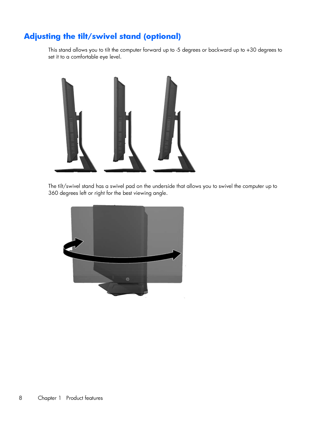 HP 800 G1 manual Adjusting the tilt/swivel stand optional 