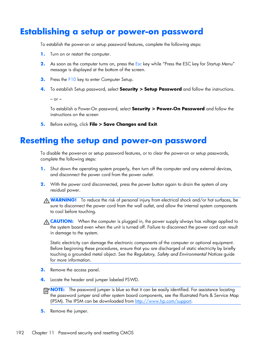 HP 800 G1 manual Establishing a setup or power-on password, Resetting the setup and power-on password 