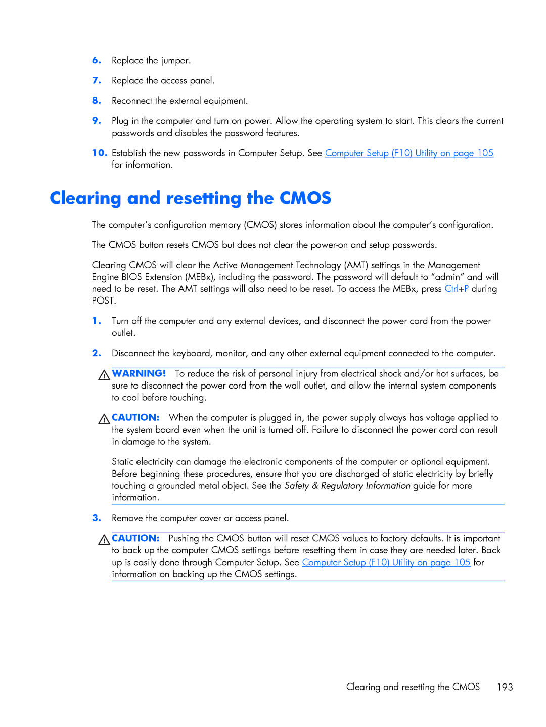 HP 800 G1 manual Clearing and resetting the Cmos 