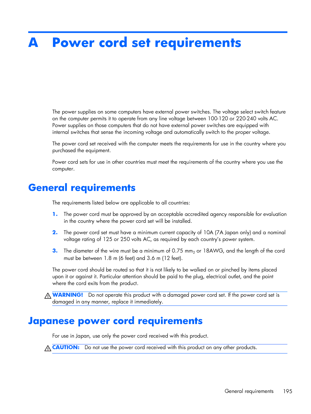 HP 800 G1 manual General requirements, Japanese power cord requirements 