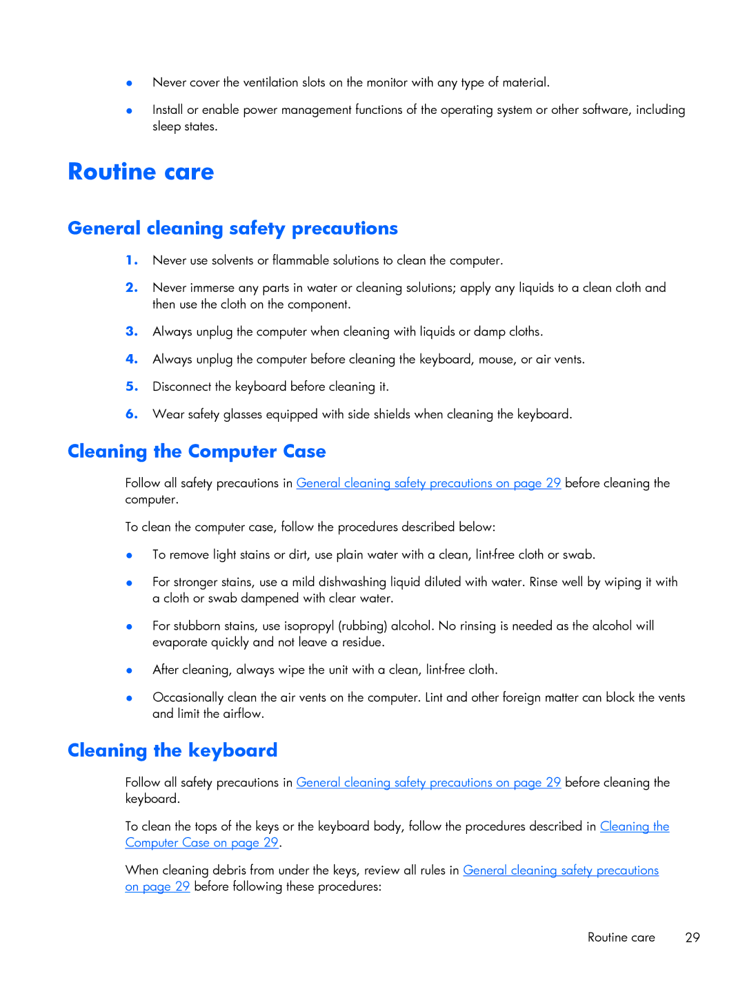 HP 800 G1 manual Routine care, General cleaning safety precautions, Cleaning the Computer Case, Cleaning the keyboard 