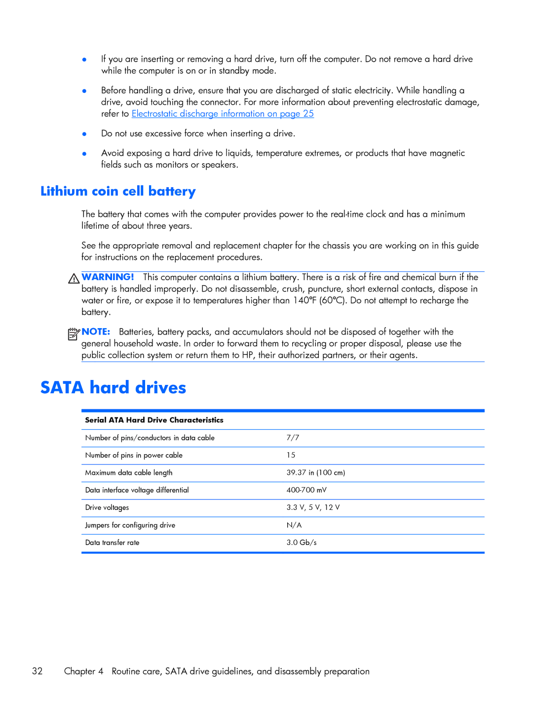 HP 800 G1 manual Sata hard drives, Lithium coin cell battery, Serial ATA Hard Drive Characteristics 