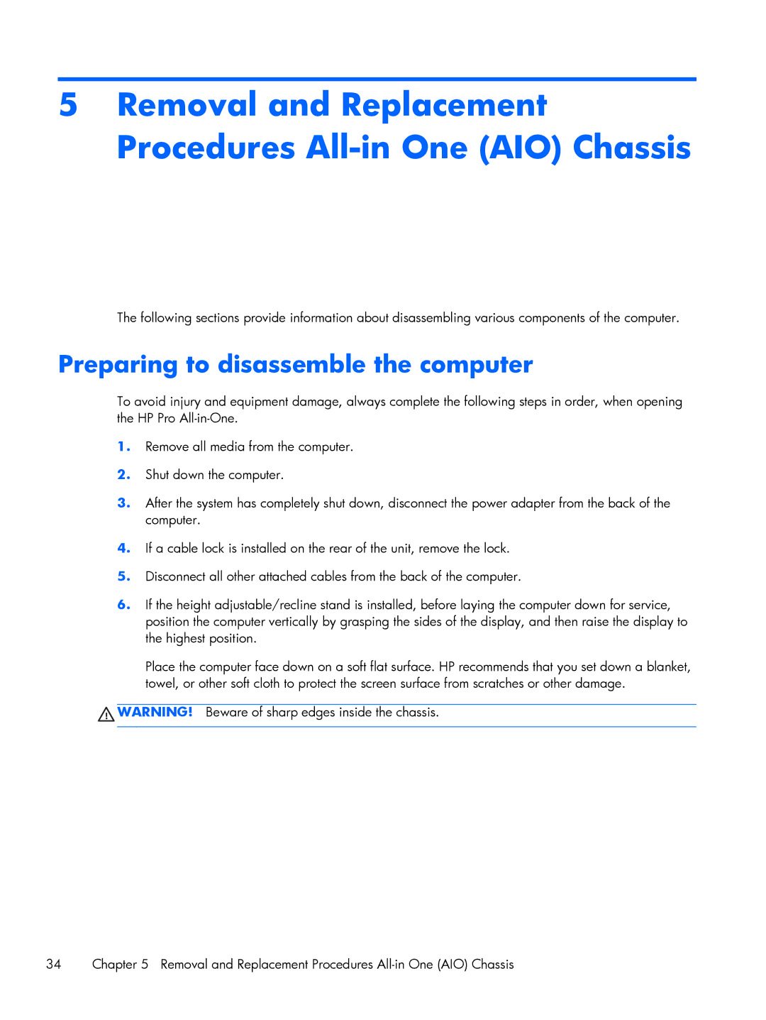 HP 800 G1 manual Removal and Replacement Procedures All-in One AIO Chassis, Preparing to disassemble the computer 