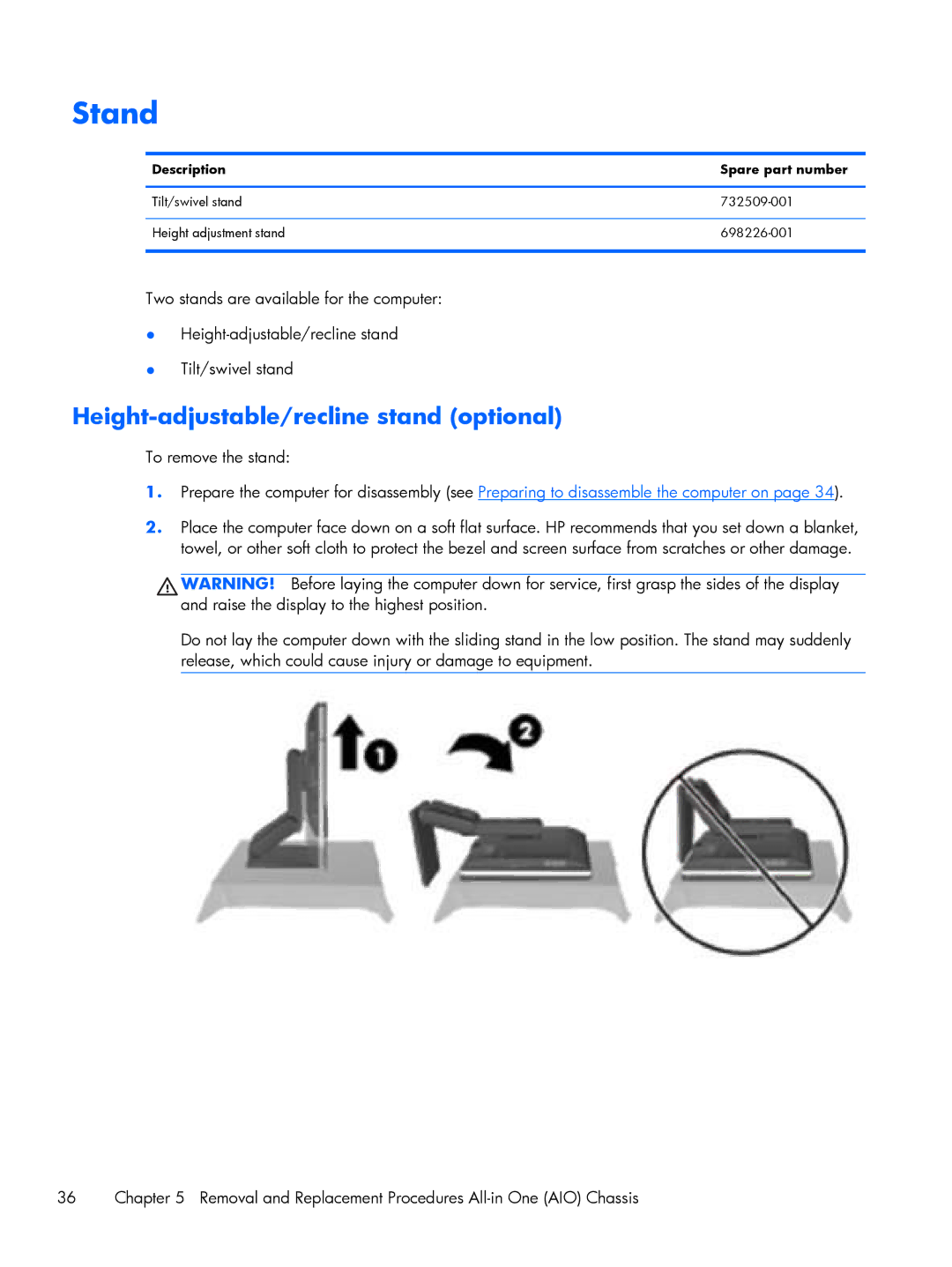 HP 800 G1 manual Stand, Height-adjustable/recline stand optional, To remove the stand 