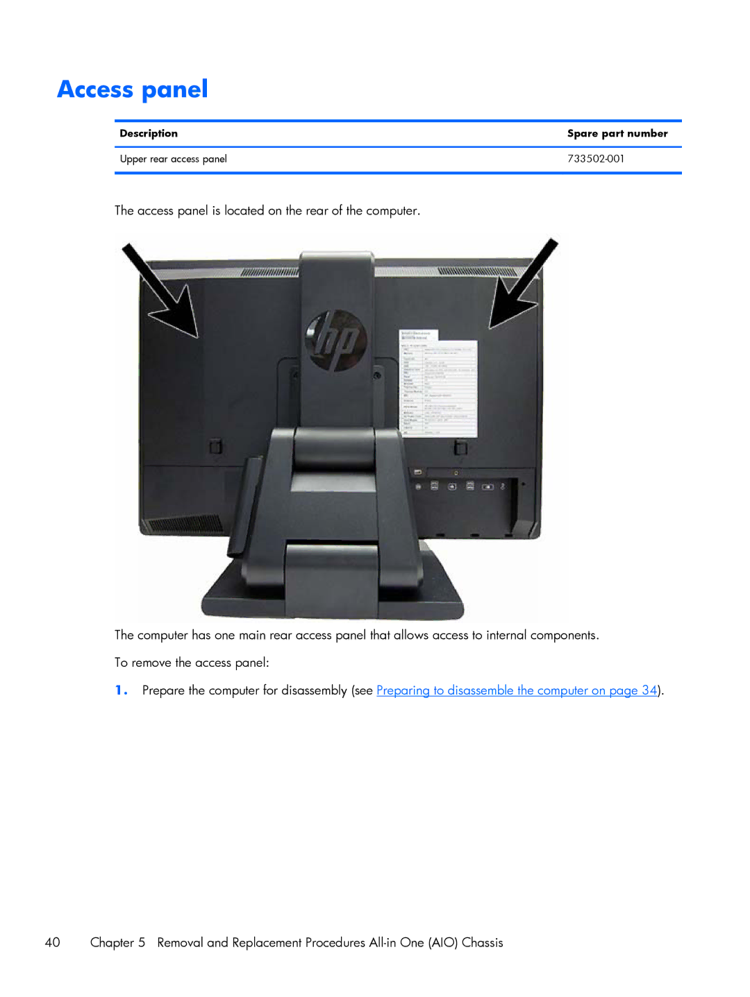 HP 800 G1 manual Access panel 