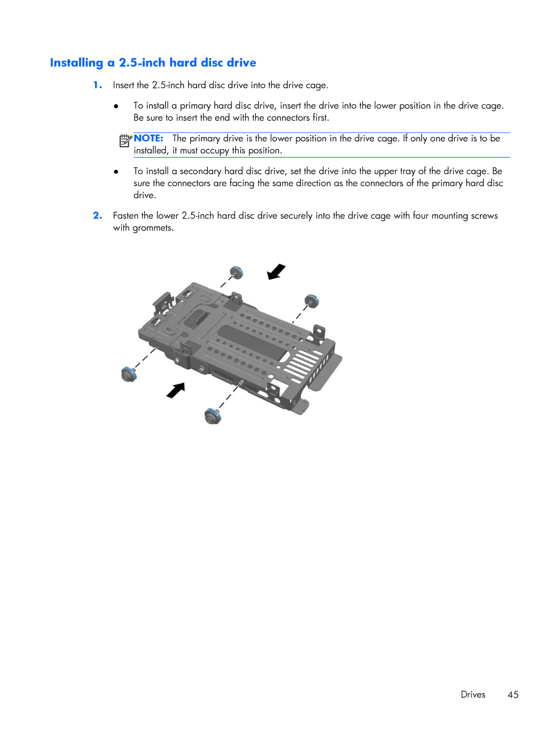 HP 800 G1 manual Installing a 2.5-inch hard disc drive 