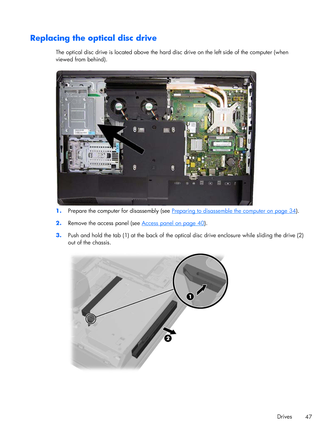 HP 800 G1 manual Replacing the optical disc drive 