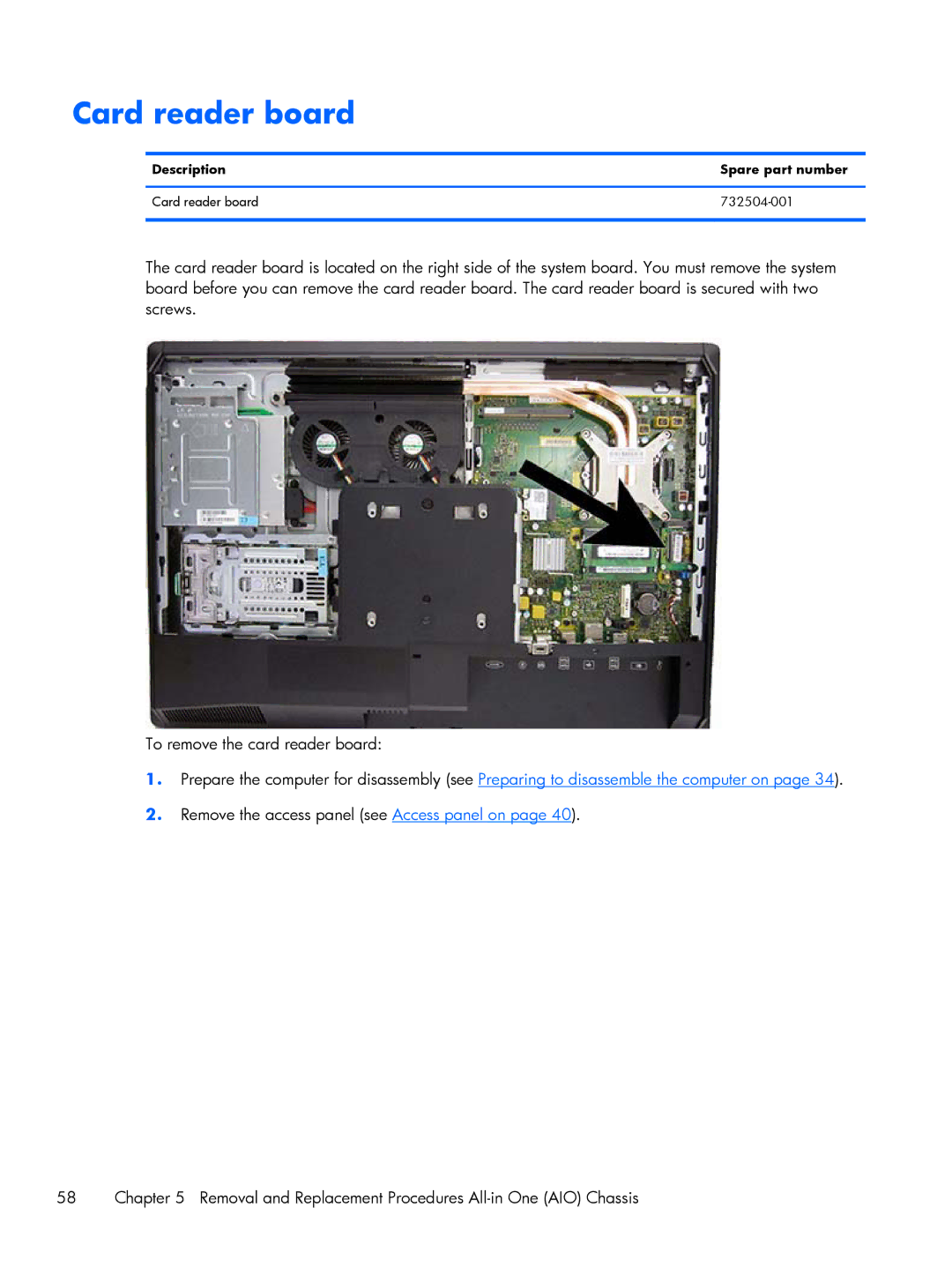 HP 800 G1 manual Description Spare part number Card reader board 732504-001 