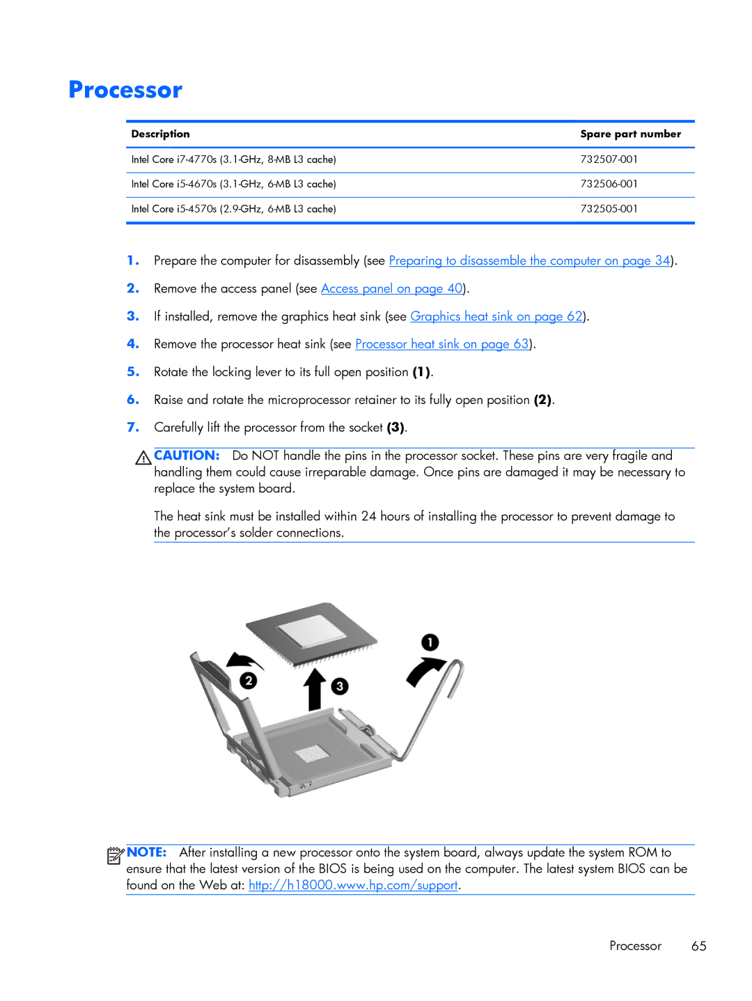 HP 800 G1 manual Processor, Description Spare part number 