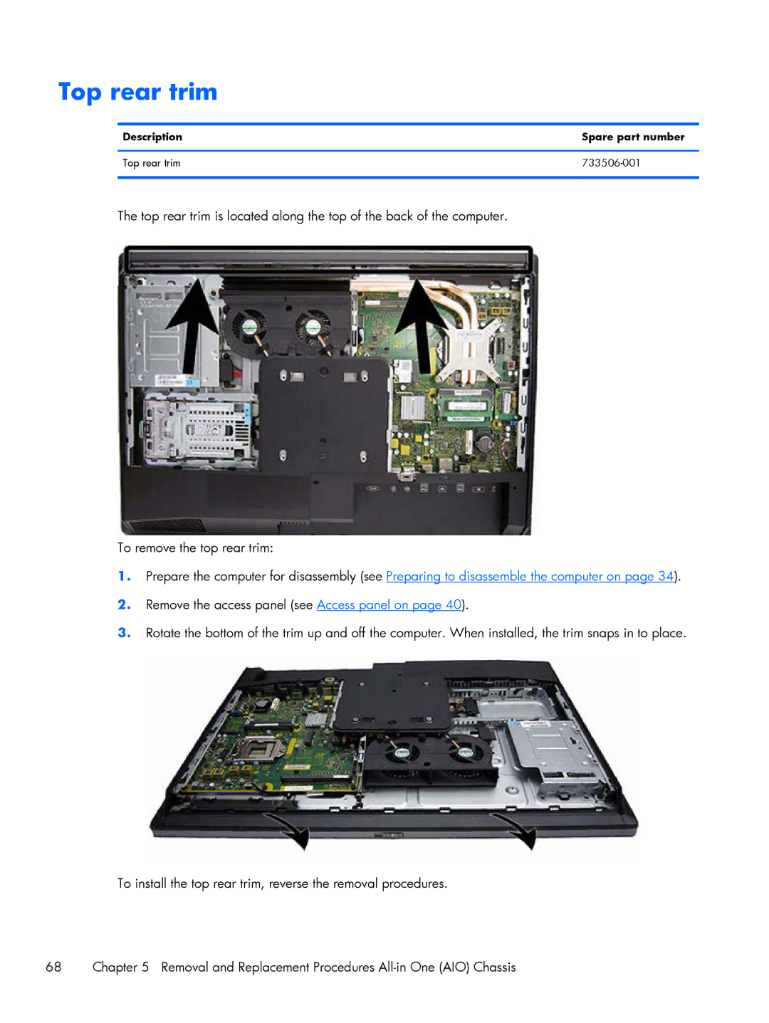 HP 800 G1 manual Description Spare part number Top rear trim 733506-001 