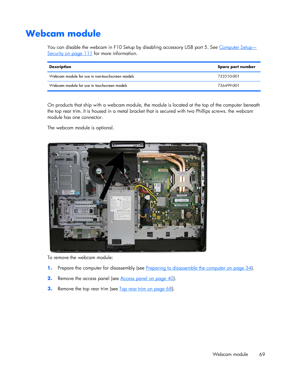 HP 800 G1 manual Webcam module, Description Spare part number 