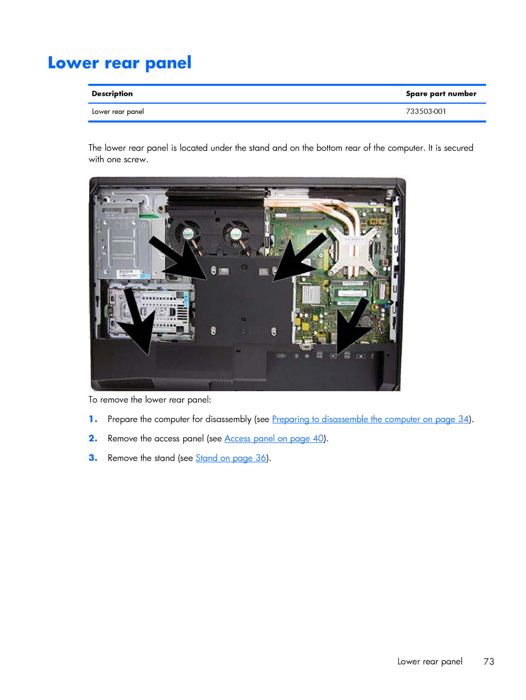 HP 800 G1 manual Description Spare part number Lower rear panel 733503-001 