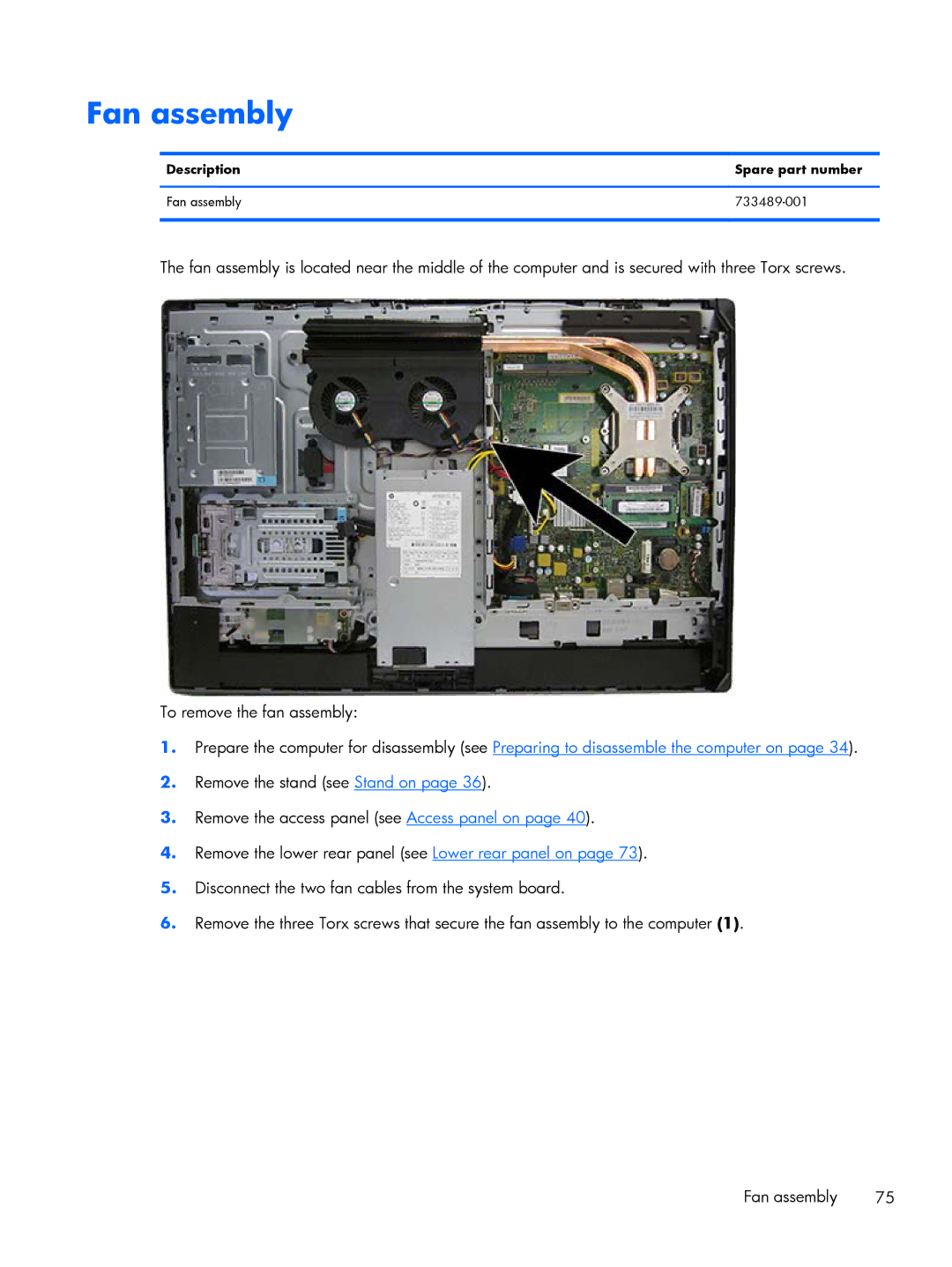 HP 800 G1 manual Description Spare part number Fan assembly 733489-001 