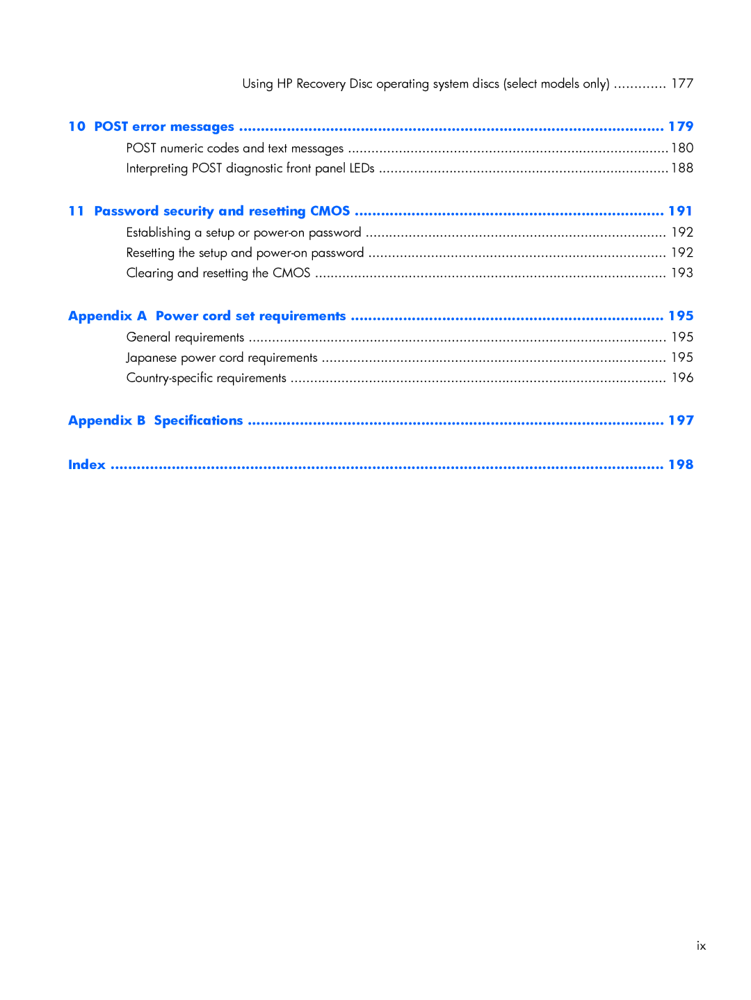 HP 800 G1 manual Appendix B Specifications 197 Index 198 