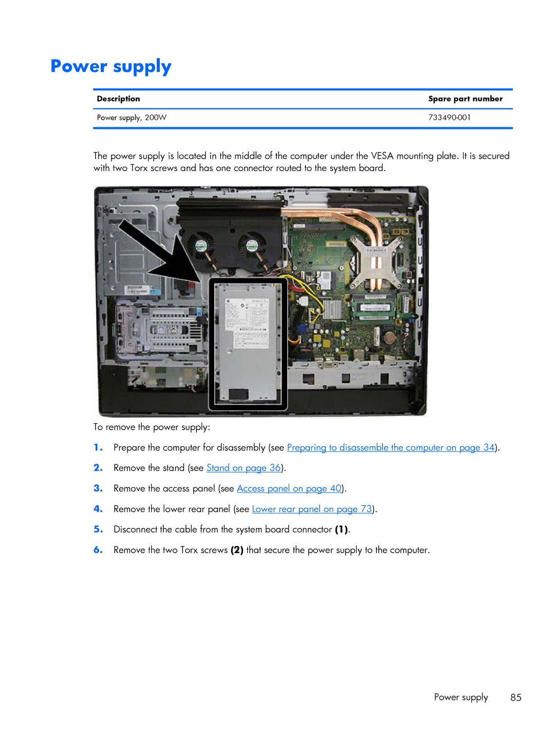 HP 800 G1 manual Description Spare part number Power supply, 200W 733490-001 