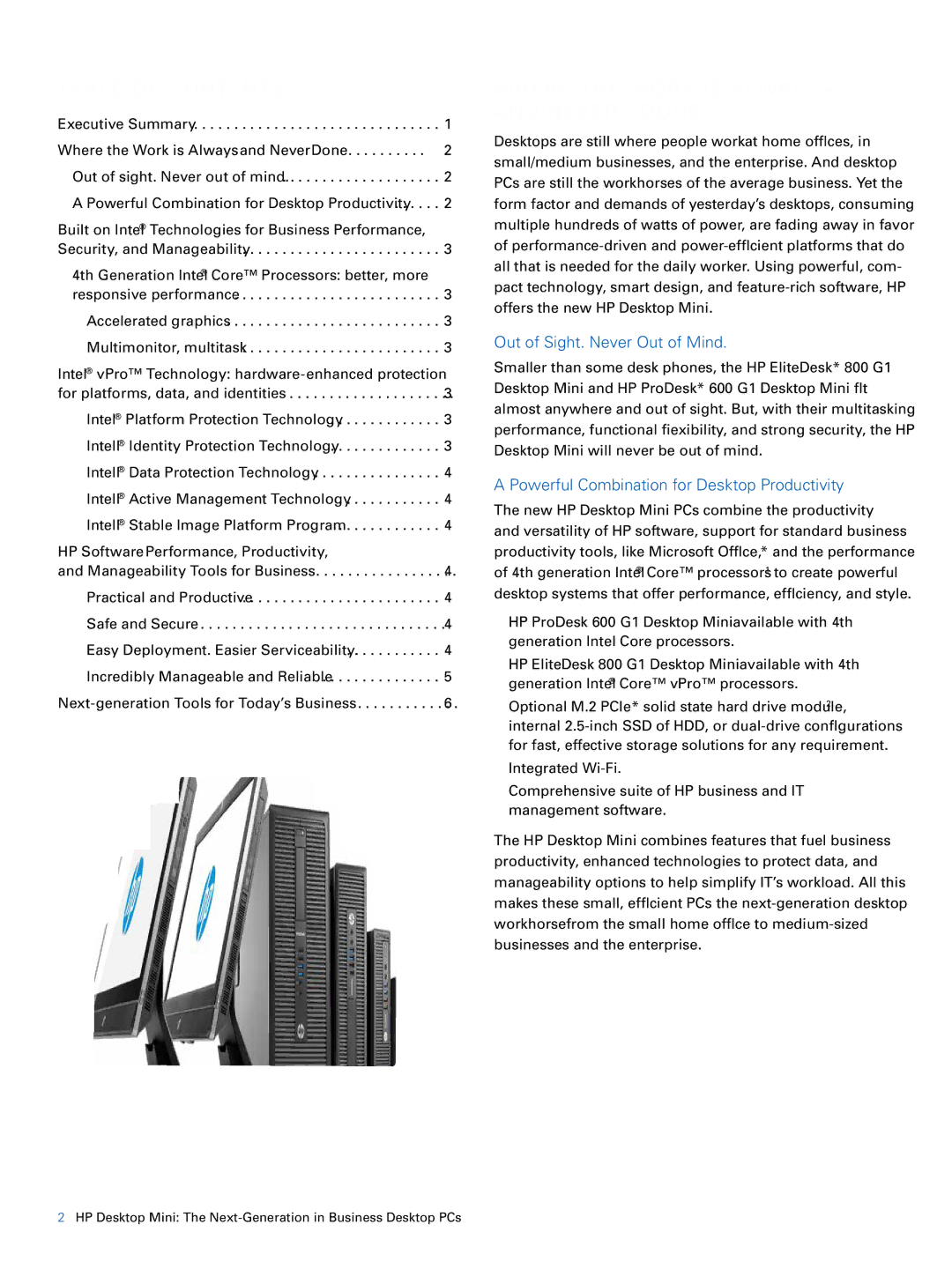 HP 800 G1 manual Table of Contents, Where the Work is ALWAYS- and NEVER-DONE 