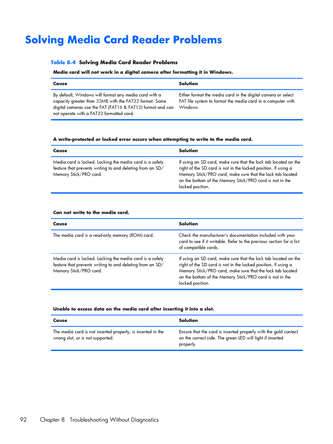 HP 800 G1 manual 4Solving Media Card Reader Problems, Can not write to the media card Cause Solution 