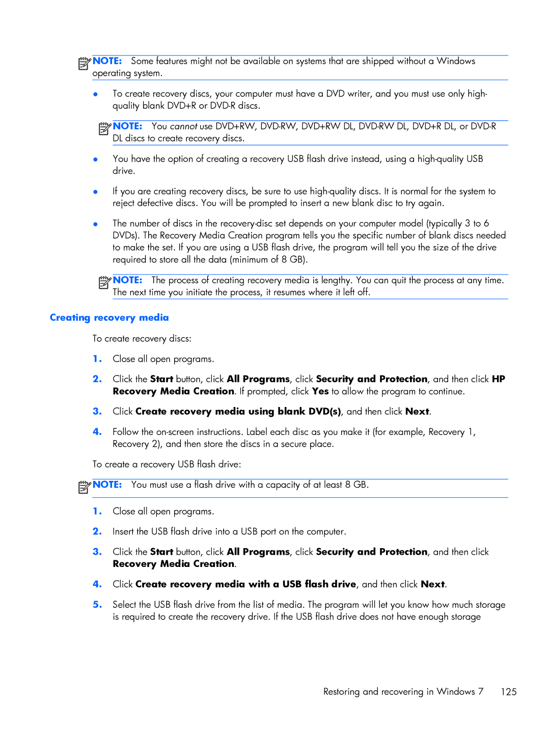 HP 800 G1 manual Creating recovery media 