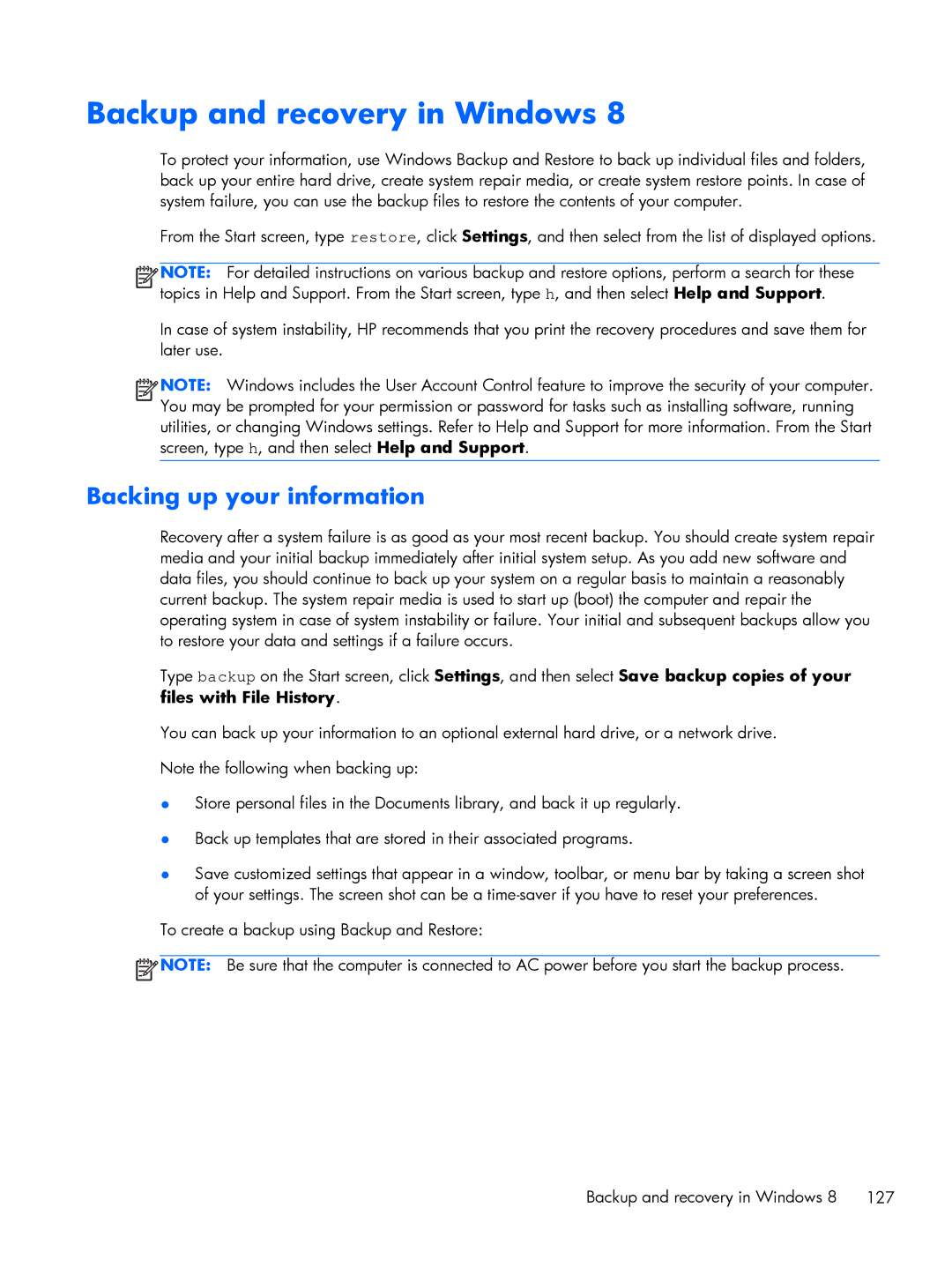 HP 800 G1 manual Backup and recovery in Windows, Backing up your information 