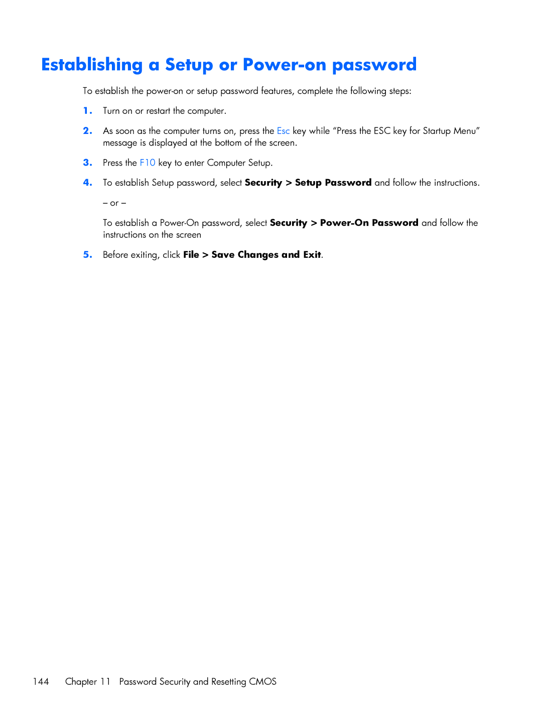 HP 800 G1 manual Establishing a Setup or Power-on password, Password Security and Resetting Cmos 