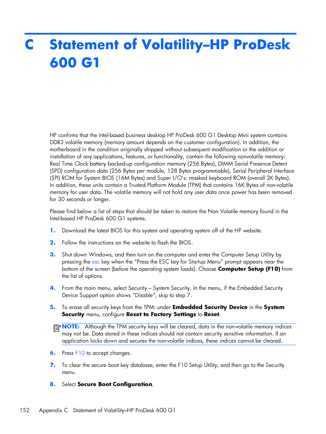 HP 800 G1 manual Appendix C Statement of Volatility-HP ProDesk 600 G1 