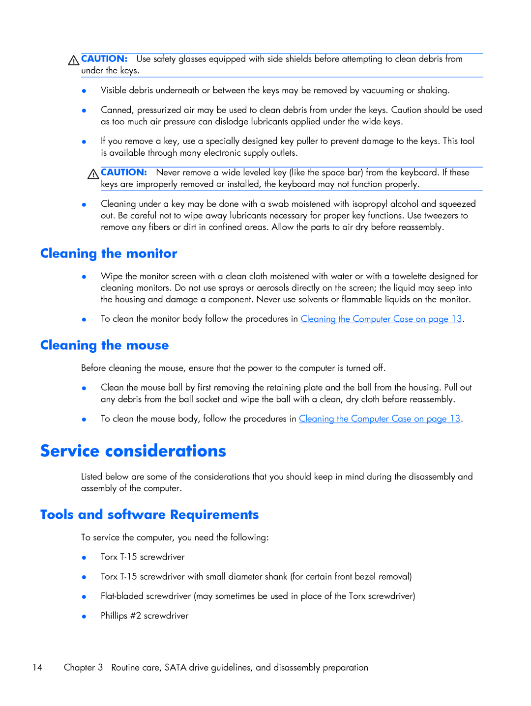 HP 800 G1 manual Service considerations, Cleaning the monitor, Cleaning the mouse, Tools and software Requirements 