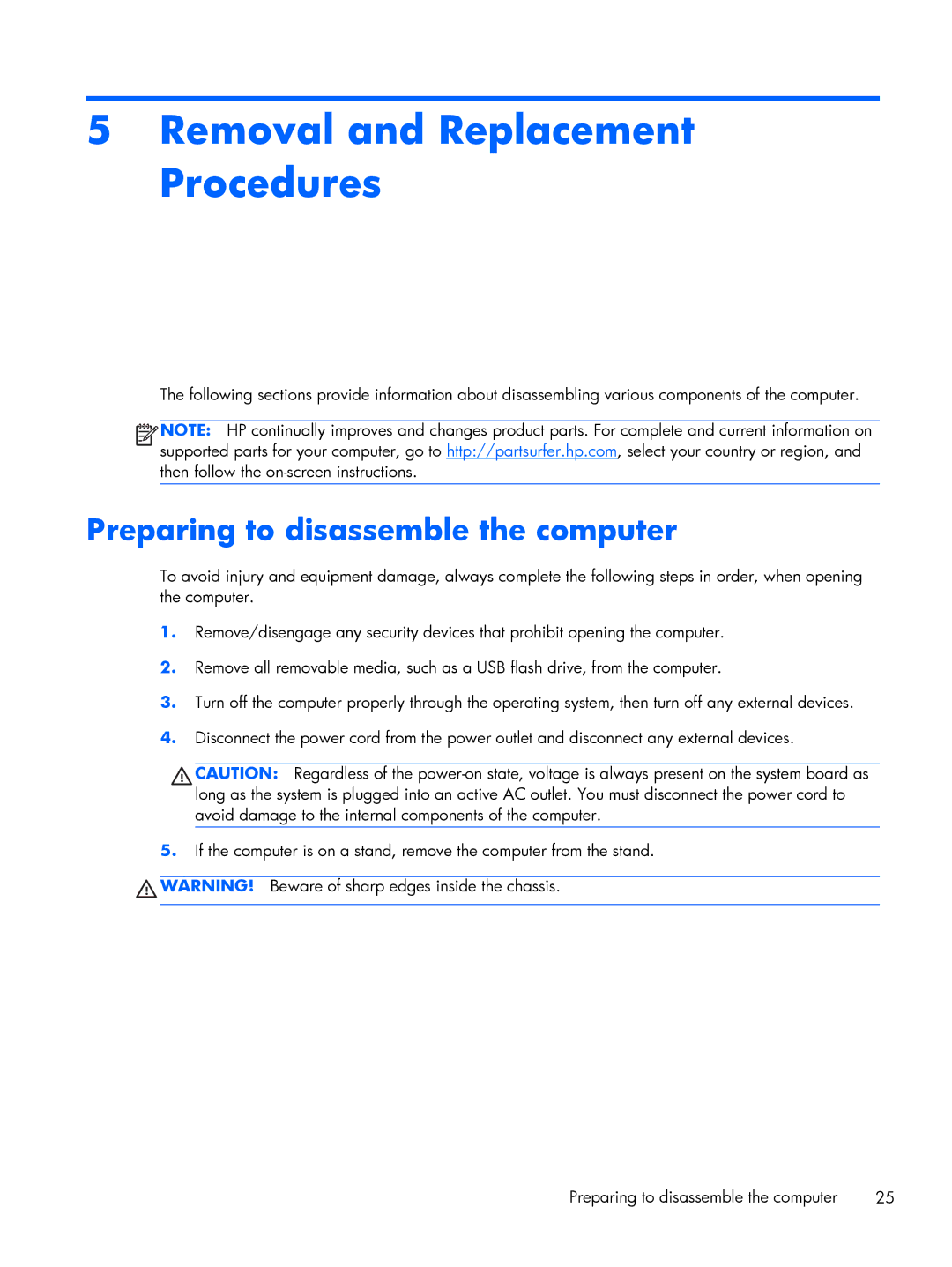 HP 800 G1 manual Removal and Replacement Procedures, Preparing to disassemble the computer 