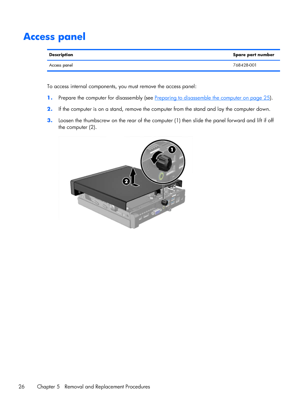 HP 800 G1 manual Description Spare part number Access panel 768428-001 